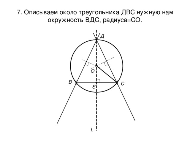 • • • 7. Описываем около треугольника ДВС нужную нам окружность ВДС, радиуса=СО. Д О В С S L