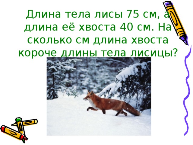 Длина тела лисы 75 см, а длина её хвоста 40 см. На сколько см длина хвоста короче длины тела лисицы?