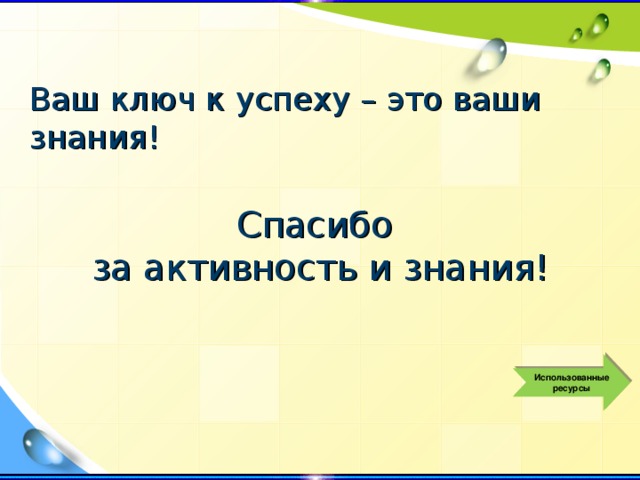 Ваш ключ к успеху – это ваши знания! Спасибо за активность и знания! Использованные ресурсы