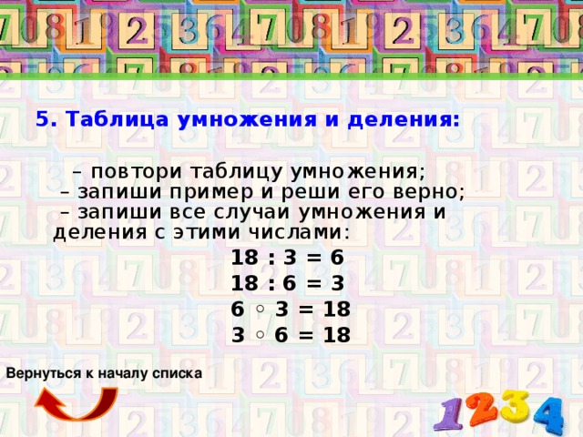 5. Таблица умножения и деления:     18 : 3 = 6 18 : 6 = 3 6 ◦ 3 = 18 3 ◦ 6 = 18    Вернуться к началу списка