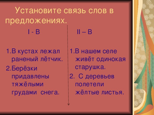 Установите связь слов в предложениях.  I - В 1.В кустах лежал раненый лётчик. 2.Берёзки придавлены тяжёлыми грудами снега.  II – В 1.В нашем селе живёт одинокая старушка. 2. С деревьев полетели жёлтые листья.