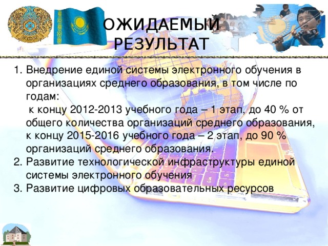 ОЖИДАЕМЫЙ РЕЗУЛЬТАТ Внедрение единой системы электронного обучения в организациях среднего образования, в том числе по годам:  к концу 2012-2013 учебного года – 1 этап, до 40 % от общего количества организаций среднего образования,  к концу 2015-2016 учебного года – 2 этап, до 90 % организаций среднего образования.