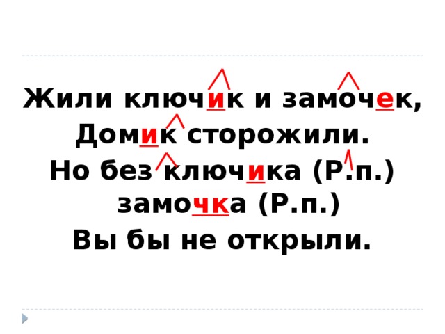 Жили ключ и к и замоч е к, Дом и к сторожили. Но без ключ и ка (Р.п.) замо чк а (Р.п.) Вы бы не открыли.  В словах «ключик, замочек» пишется суффиксы –ек, -ик. Как узнать, какой суффикс нужно писать ? Решить орфографическую задачу нам помогут заключительные строки четверостишья, в которых содержится подсказка.