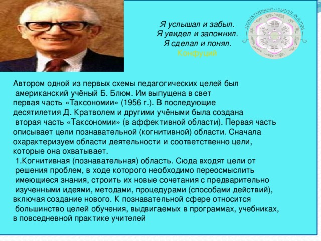 Таксономия Блюма Автором одной из первых схемы педагогических целей был  американский учёный Б. Блюм. Им выпущена в свет первая часть «Таксономии» (1956 г.). В последующие десятилетия Д. Кратволем и другими учёными была создана  вторая часть «Таксономии» (в аффективной области). Первая часть описывает цели познавательной (когнитивной) области. Сначала охарактеризуем области деятельности и соответственно цели, которые она охватывает.  1.Когнитивная (познавательная) область. Сюда входят цели от  решения проблем, в ходе которого необходимо переосмыслить  имеющиеся знания, строить их новые сочетания с предварительно  изученными идеями, методами, процедурами (способами действий), включая создание нового. К познавательной сфере относится  большинство целей обучения, выдвигаемых в программах, учебниках, в повседневной практике учителей  Я услышал и забыл.  Я увидел и запомнил.  Я сделал и понял.  Конфуций