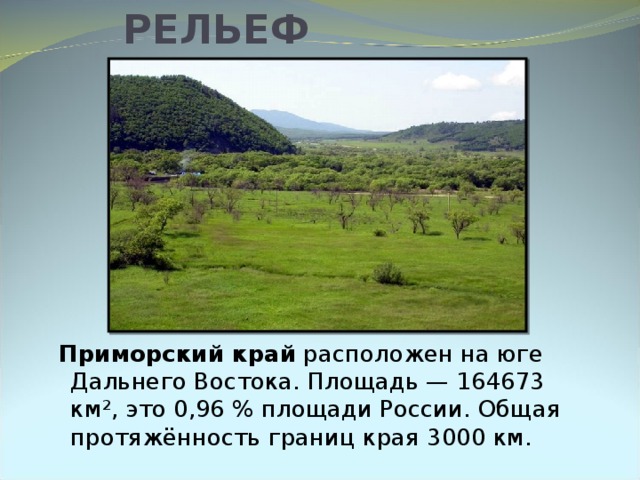 РЕЛЬЕФ  Приморский край расположен на юге Дальнего Востока. Площадь — 164673 км², это 0,96 % площади России. Общая протяжённость границ края 3000 км.