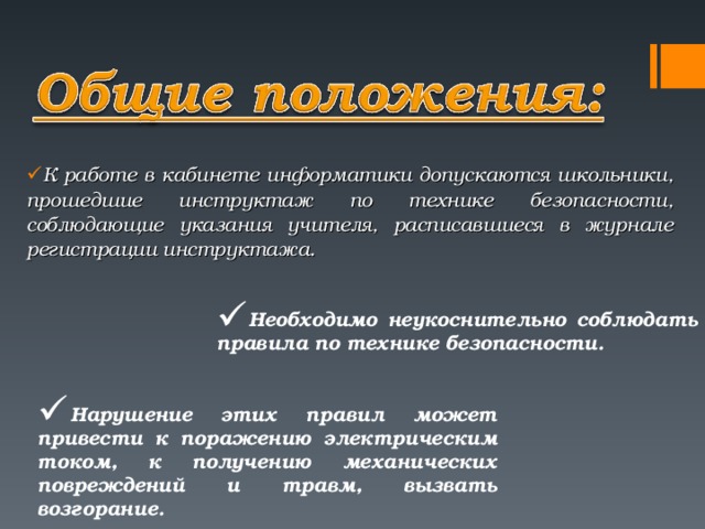 К работе в кабинете информатики допускаются школьники, прошедшие инструктаж по технике безопасности, соблюдающие указания учителя, расписавшиеся в журнале регистрации инструктажа. Необходимо неукоснительно соблюдать правила по технике безопасности. Нарушение этих правил может привести к поражению электрическим током, к получению механических повреждений и травм, вызвать возгорание.