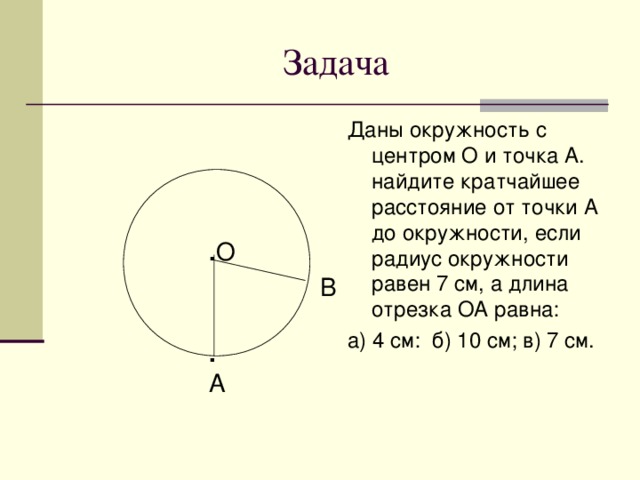 Даны окружность с центром О и точка А. найдите кратчайшее расстояние от точки А до окружности, если радиус окружности равен 7 см, а длина отрезка ОА равна: а) 4 см: б) 10 см; в) 7 см. . О В . А