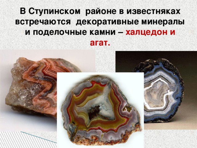 В Ступинском районе в известняках встречаются декоративные минералы и поделочные камни – халцедон и агат.