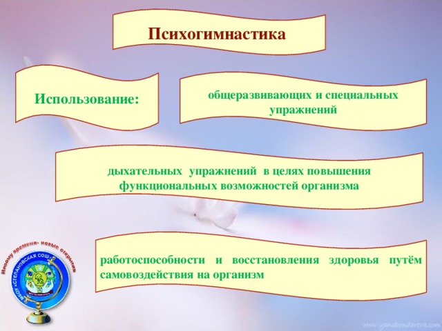 Психогимнастика Использование: общеразвивающих и специальных упражнений дыхательных упражнений в целях повышения функциональных возможностей организма работоспособности и восстановления здоровья путём самовоздействия на организм