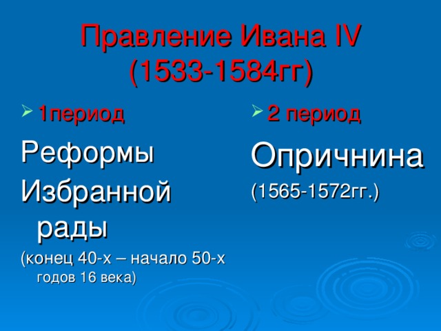 Правление Ивана IV  (1533-1584гг) 2 период Опричнина (1565-1572гг.) 1период Реформы Избранной рады  (конец 40-х – начало 50-х годов 16 века)