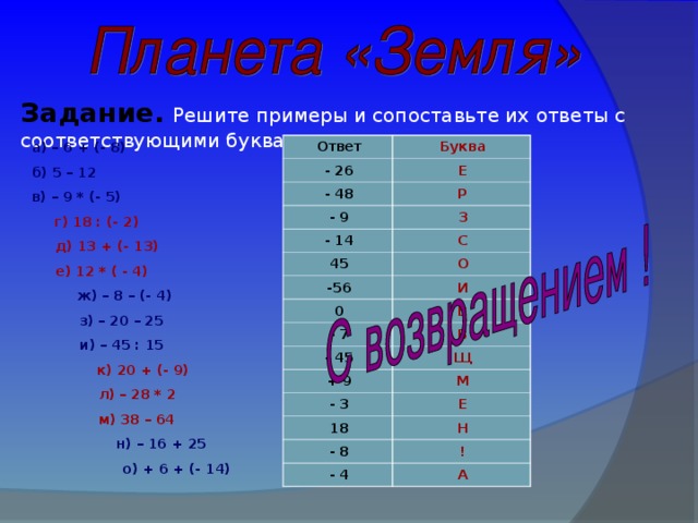 Примерах каждой букве соответствует. Их ответы.