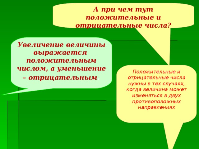 А при чем тут положительные и отрицательные числа? Увеличение величины выражается положительным числом, а уменьшение – отрицательным . Положительные и отрицательные числа нужны в тех случаях, когда величина может изменяться в двух противоположных направлениях