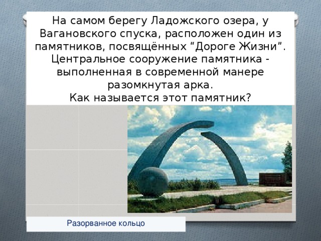 На самом берегу Ладожского озера, у Вагановского спуска, расположен один из памятников, посвящённых “Дороге Жизни”. Центральное сооружение памятника - выполненная в современной манере разомкнутая арка. Как называется этот памятник? Разорванное кольцо