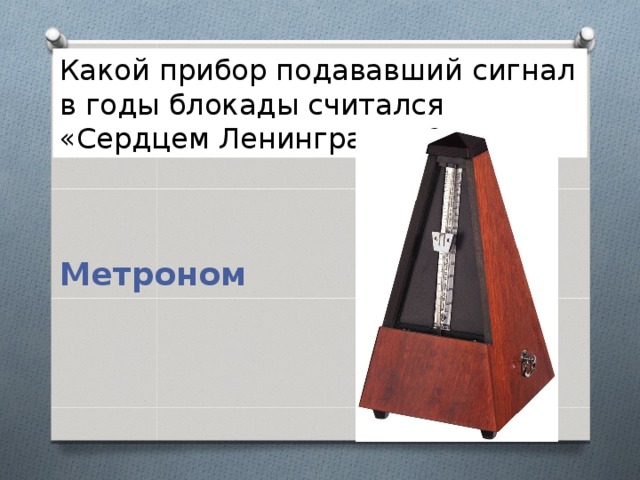 Какой прибор подававший сигнал в годы блокады считался «Сердцем Ленинграда» ? Метроном