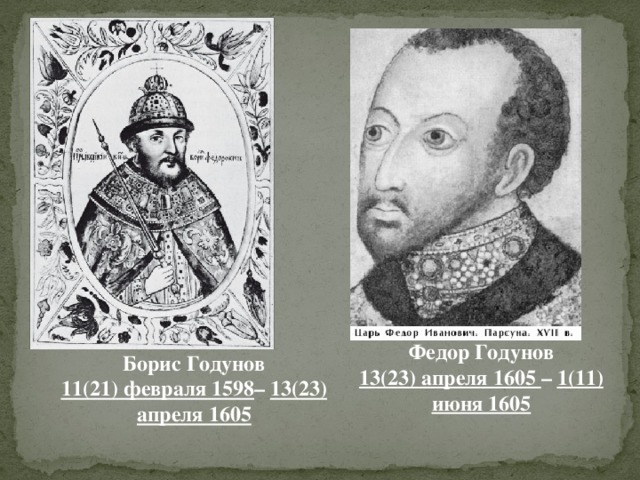 Федор Годунов  13(23) апреля 1605 – 1(11) июня 1605 Борис Годунов  11(21) февраля 1598 – 13(23) апреля 1605