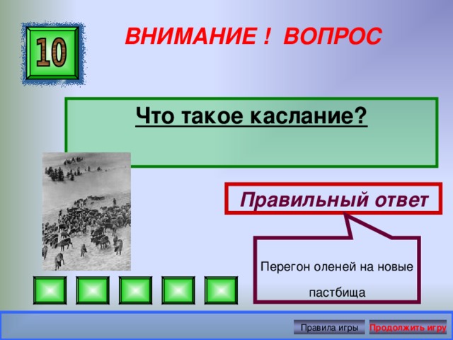 Перегон оленей на новые пастбища ВНИМАНИЕ ! ВОПРОС Что такое каслание? Правильный ответ Правила игры Продолжить игру