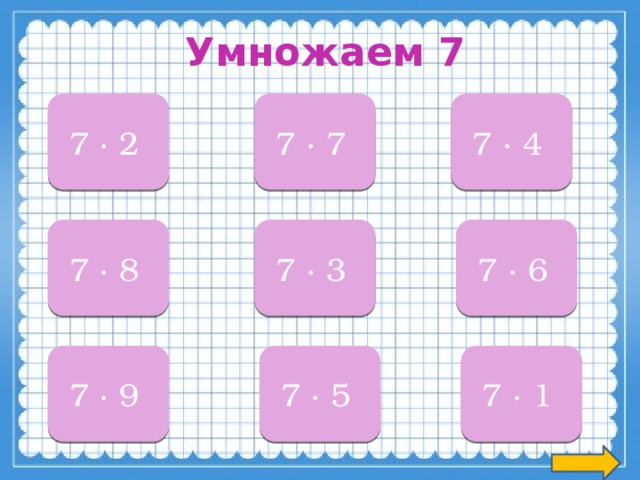 Умножаем 7 14 7 ∙ 2  28 7 ∙ 4  49 7 ∙ 7  7 ∙ 6  42 7 ∙ 3  21 7 ∙ 8  56 63 7 ∙ 9  35 7 ∙ 5  7 7 ∙ 1