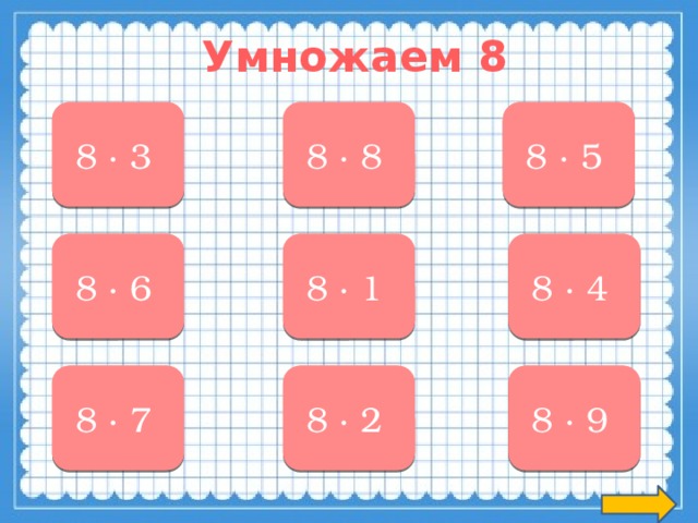 Умножаем 8 24 8 ∙ 3  40 8 ∙ 5  64 8 ∙ 8  8 ∙ 4  32 8 ∙ 1  8 8 ∙ 6  48 56 8 ∙ 7  16 8 ∙ 2  72 8 ∙ 9