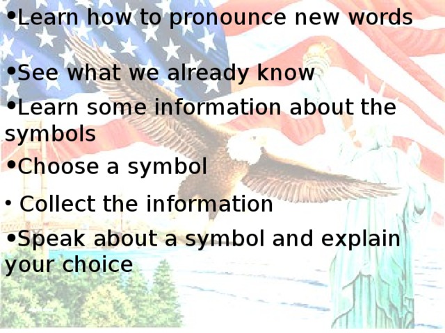 Learn how to pronounce new words See what we already know Learn some information about the symbols Choose a symbol  Collect the information Speak about a symbol and explain your choice