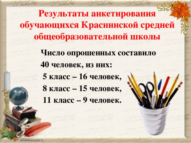Результаты анкетирования обучающихся Краснинской средней общеобразовательной школы  Число опрошенных составило  40 человек, из них:  5 класс – 16 человек,  8 класс – 15 человек,  11 класс – 9 человек.