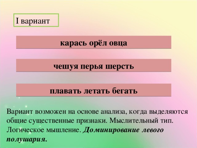 I вариант карась орёл овца чешуя перья шерсть плавать летать бегать Вариант возможен на основе анализа, когда выделяются общие существенные признаки. Мыслительный тип. Логическое мышление. Доминирование левого полушария.