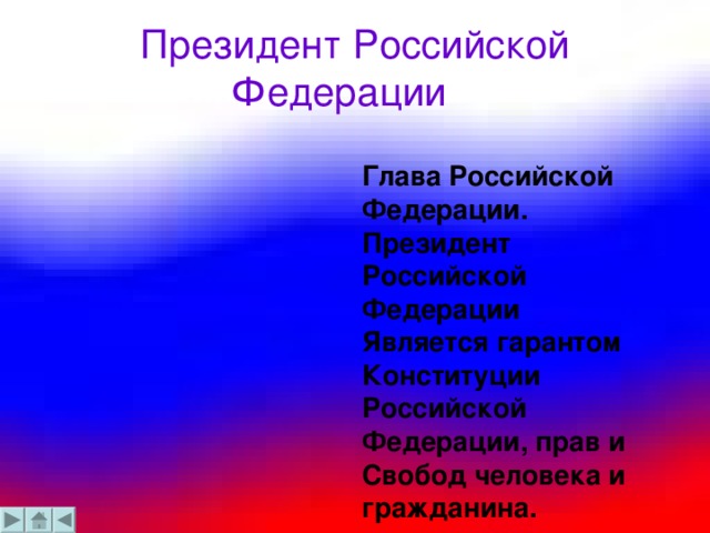 Президент Российской Федерации   Глава Российской Федерации. Президент Российской Федерации Является гарантом Конституции Российской Федерации, прав и Свобод человека и гражданина.