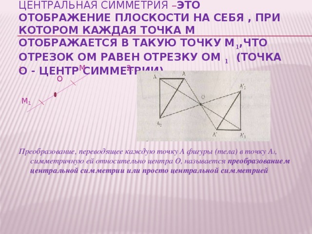 Центральная симметрия – это отображение плоскости на себя , при котором каждая точка М отображается в такую точку М 1 ,что отрезок ОМ равен отрезку ОМ 1 (точка О - центр симметрии).   М 2.  О  М 1   Преобразование, переводящее каждую точку А фигуры (тела) в точку А 1 , симметричную ей относительно центра О, называется преобразованием центральной симметрии или просто центральной симметрией