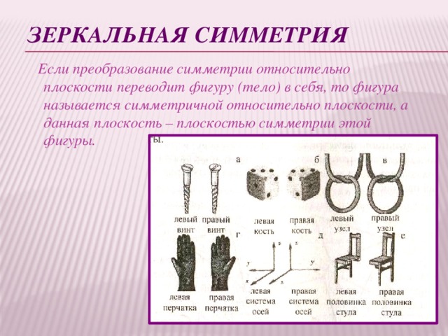 ЗЕРКАЛЬНАЯ СИММЕТРИЯ  Если преобразование симметрии относительно плоскости переводит фигуру (тело) в себя, то фигура называется симметричной относительно плоскости, а данная плоскость – плоскостью симметрии этой фигуры.