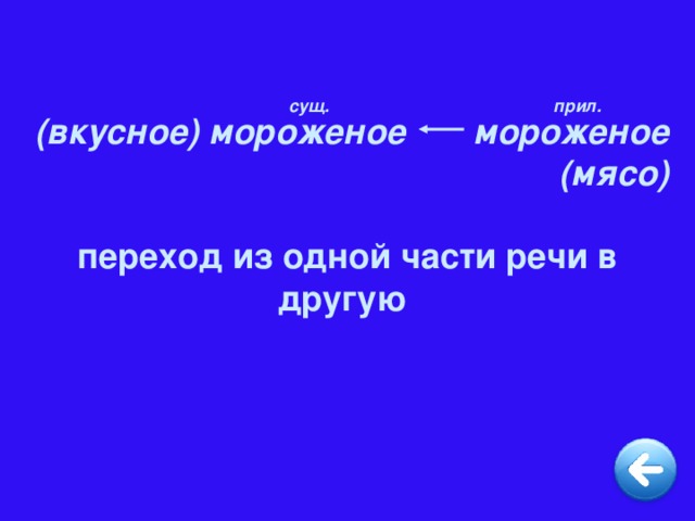 (вкусное) мороженое  мороженое (мясо)  переход из одной части речи в другую  сущ. прил.