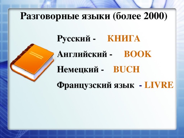 Разговорные языки (более 2000) Русский - КНИГА Английский - BOOK Немецкий - BUCH  Французский язык - LIVRE