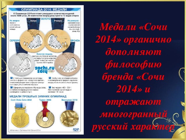 Медали «Сочи 2014» органично дополняют философию бренда «Сочи 2014» и отражают многогранный русский характер