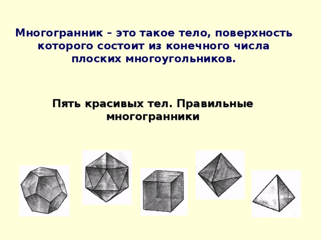 Многогранник – это такое тело, поверхность которого состоит из конечного числа плоских многоугольников. Пять красивых тел. Правильные многогранники