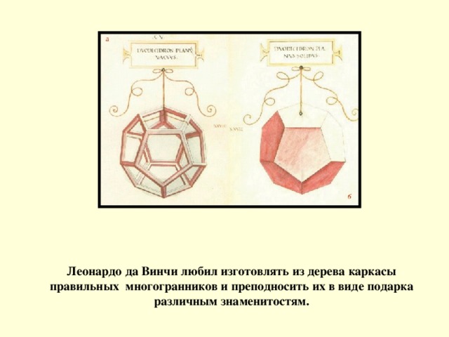 Леонардо да Винчи любил изготовлять из дерева каркасы правильных многогранников и преподносить их в виде подарка различным знаменитостям.