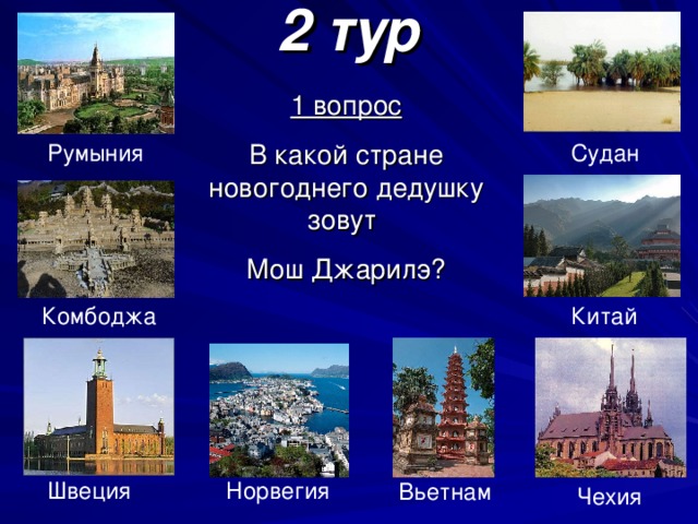 2 тур 1 вопрос В какой стране новогоднего дедушку зовут Мош Джарилэ? Судан Румыния Китай Комбоджа Норвегия Швеция Вьетнам Чехия