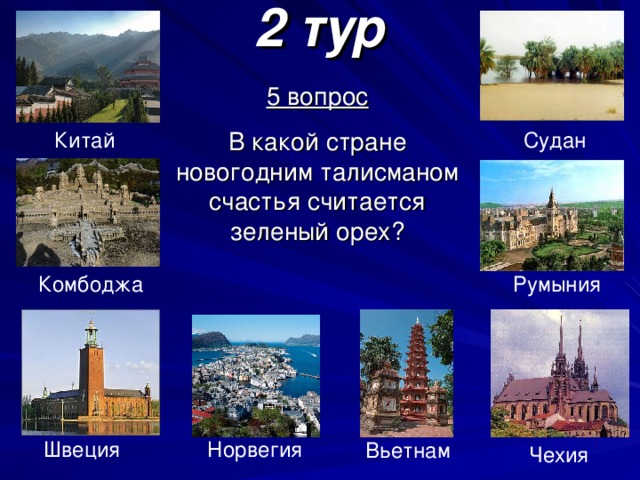 2 тур 5 вопрос В какой стране новогодним талисманом счастья считается зеленый орех? Китай Судан Комбоджа Румыния Швеция Норвегия Вьетнам Чехия