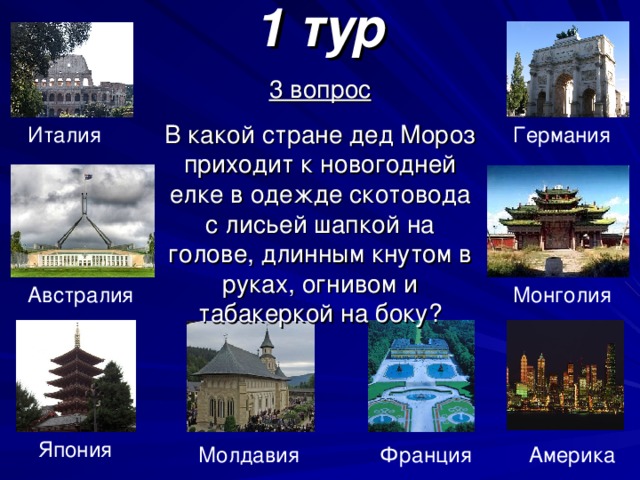 1 тур 3 вопрос В какой стране дед Мороз приходит к новогодней елке в одежде скотовода с лисьей шапкой на голове, длинным кнутом в руках, огнивом и табакеркой на боку? Германия Италия Монголия Австралия Япония Америка Франция Молдавия