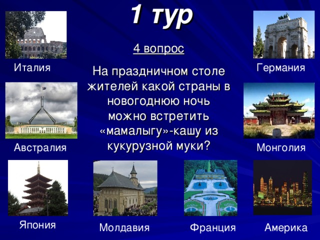 1 тур 4 вопрос На праздничном столе жителей какой страны в новогоднюю ночь можно встретить «мамалыгу»-кашу из кукурузной муки? Германия Италия Монголия Австралия Япония Америка Франция Молдавия