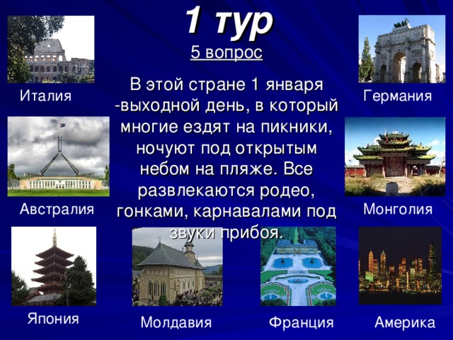 1 тур 5 вопрос В этой стране 1 января -выходной день, в который многие ездят на пикники, ночуют под открытым небом на пляже. Все развлекаются родео, гонками, карнавалами под звуки прибоя. Германия Италия Монголия Австралия Япония Америка Франция Молдавия