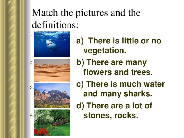 Match the pictures and the definitions: 1. a) There is little or no vegetation. b) There are many flowers and trees. c) There is much water and many sharks. d) There are a lot of stones, rocks.  2. 3. 4.