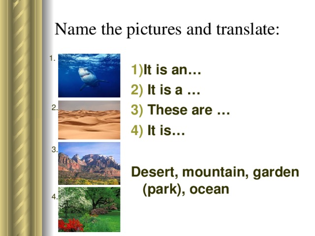 Name the pictures and translate: 1. It is an…  It is a …  These are …  It is…  Desert, mountain, garden (park), ocean      2. 3. 4.