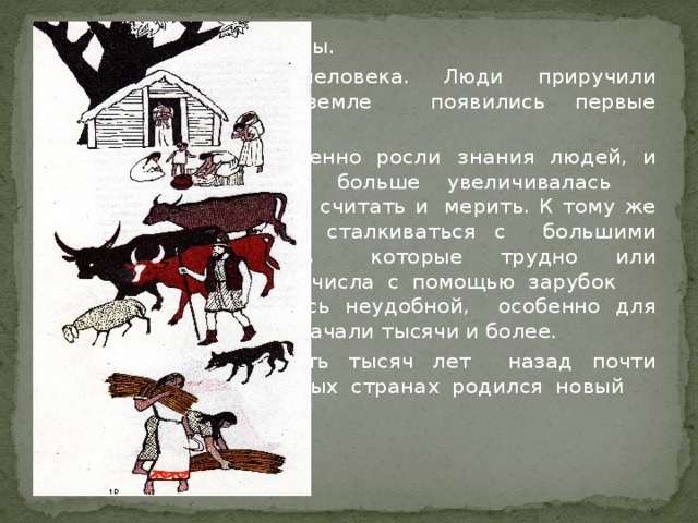 Проходили многие годы.      Менялась жизнь человека. Люди     приручили животных, и на земле     появились первые скотоводы и      земледельцы. Постепенно росли     знания людей, и чем дальше, тем     больше увеличивалась       потребность в умении считать и     мерить. К тому же людям      приходилось сталкиваться с      большими числами, запомнить     которые трудно или невозможно.     Запись числа с помощью зарубок     или узелков оказалось неудобной,     особенно для чисел, которые      обозначали тысячи и более.      И вот примерно пять тысяч лет     назад почти одновременно в      разных странах родился новый     способ записи чисел.