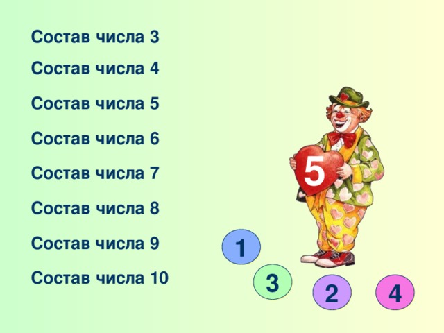 Состав числа 3 Состав числа 4 Состав числа 5 Состав числа 6 5 Состав числа 7 Состав числа 8 Состав числа 9 1 Состав числа 10 3 2 4