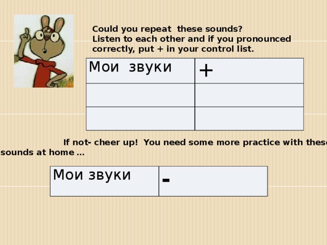 Could you repeat these sounds? Listen to each other and if you pronounced correctly, put + in your control list. Мои звуки +  If not- cheer up! You need some more practice with these  sounds at home … Мои звуки -