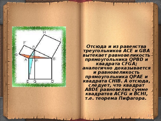 Отсюда и из равенства треугольников ACE и GBA вытекает равновеликость прямоугольника QPBD и квадрата CFGA; аналогично доказывается и равновеликость прямоугольника QPAE и квадрата CHIB. А отсюда, следует, что квадрат ABDE равновелик сумме квадратов ACFG и BCHI, т.е. теорема Пифагора.