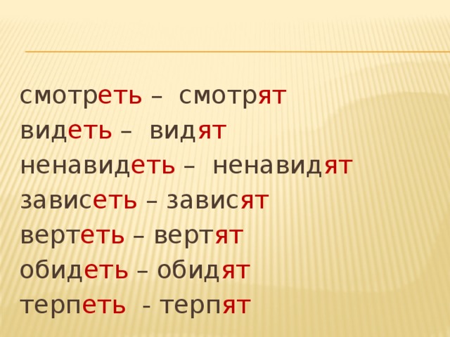 смотр еть – смотр ят вид еть – вид ят ненавид еть – ненавид ят завис еть – завис ят верт еть – верт ят обид еть – обид ят терп еть - терп ят