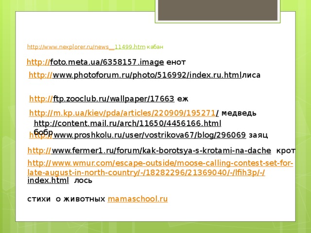 http://www.nexplorer.ru/news__ 11499.htm  кабан http:// foto.meta.ua/6358157.image  енот http:// www.photoforum.ru/photo/516992/index.ru.html лиса http:// ftp.zooclub.ru/wallpaper/17663  еж http://m.kp.ua/kiev/pda/articles/220909/195271 /  медведь http://content.mail.ru/arch/11650/4456166.html  бобр http:// www.proshkolu.ru/user/vostrikova67/blog/296069  заяц http:// www.fermer1.ru/forum/kak-borotsya-s-krotami-na-dache  крот http://www.wmur.com/escape-outside/moose-calling-contest-set-for-late-august-in-north-country/-/18282296/21369040/-/lfih3p/-/ index.html  лось стихи о животных mamaschool.ru