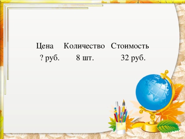 Цена Количество Стоимость ? руб. 8 шт. 32 руб.