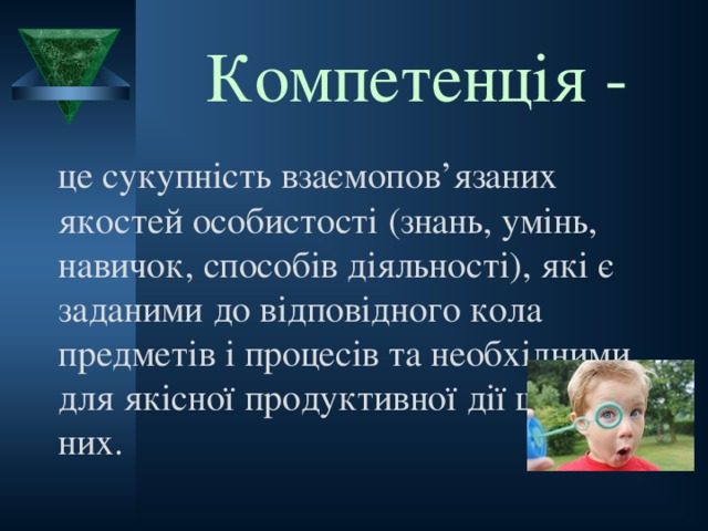 Компетенція -  це сукупність взаємопов ’ язаних якостей особистості (знань, умінь, навичок, способів діяльності), які є заданими до відповідного кола предметів і процесів та необхідними для якісної продуктивної дії щодо них.