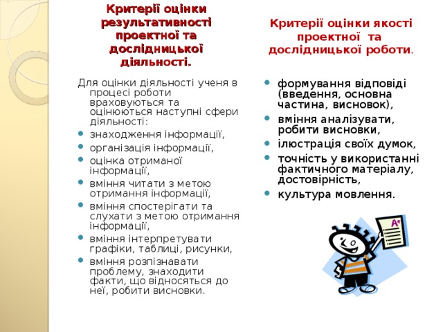 Критерії оцінки результативності проектної та дослідницької діяльності. Критерії оцінки якості проектної та дослідницької роботи . Для оцінки діяльності ученя в процесі роботи враховуються та оцінюються наступні сфери діяльності: