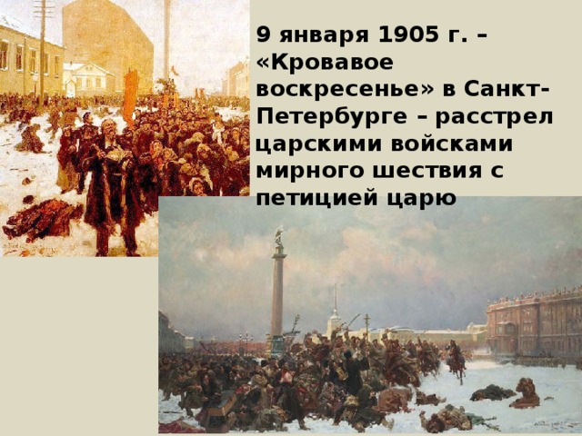 9 января 1905 г. – «Кровавое воскресенье» в Санкт-Петербурге – расстрел царскими войсками мирного шествия с петицией царю